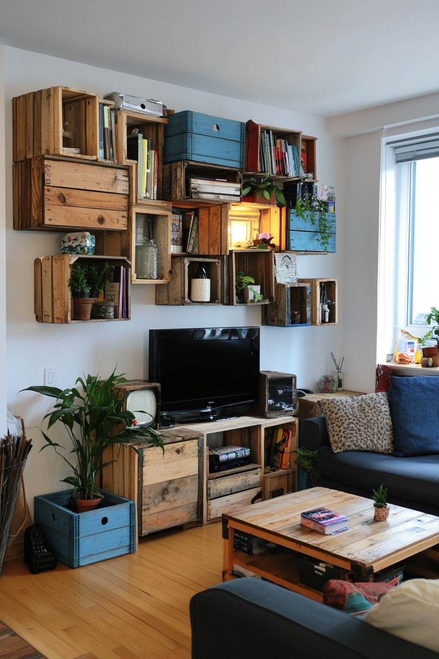 Small apartment storage idea. Wall mounted blue crates.