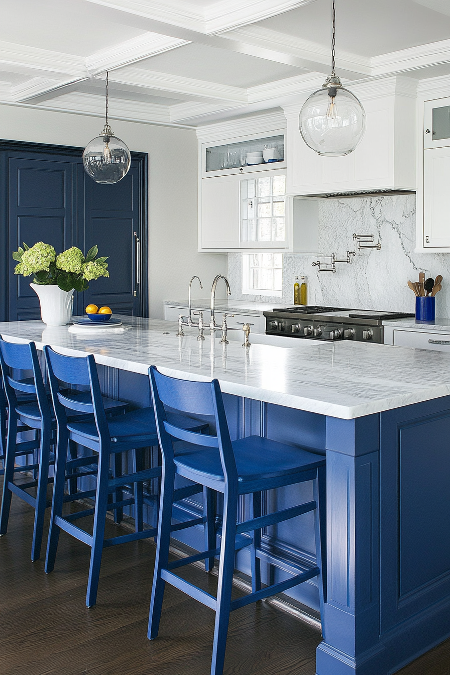 Modern blue and white kitchen. Marble islands with blue wooden chairs.