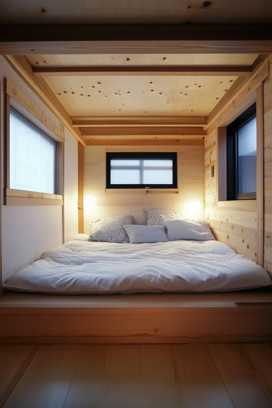 Tiny home interior. Scandinavian minimalism with Japanese tatami mat floor.