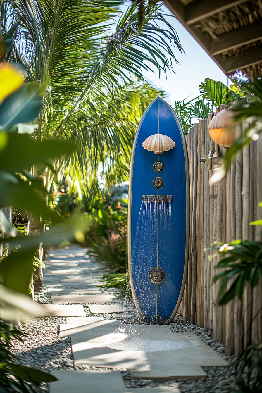 Outdoor shower setup. Galvanized steel base, cobalt blue surfboard wall, shell-shaped shower heads.