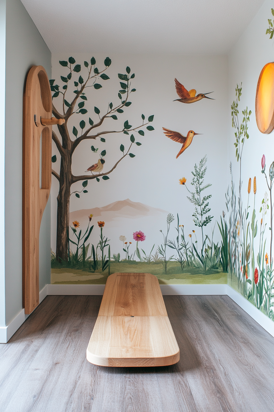 Compact kids' yoga area. A small wooden balance board near the nature-themed wall decal.