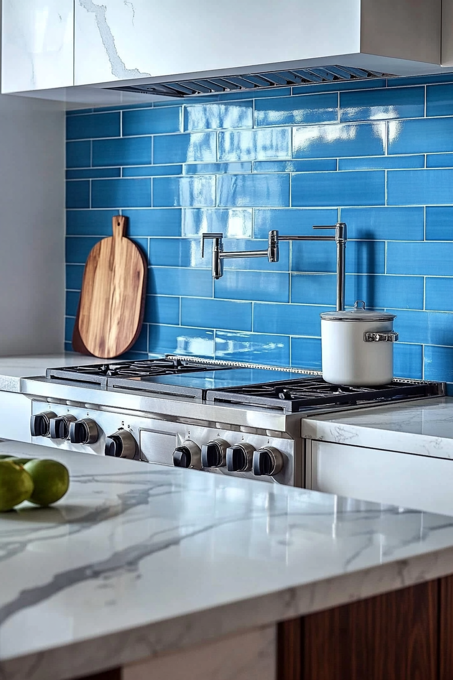 Modern kitchen. White marble countertop, blue subway-tile backsplash.