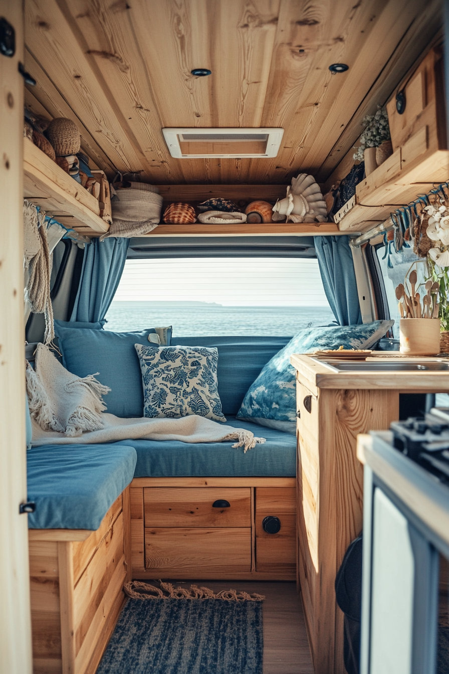 Camper van interior. Wooden furniture with blue cushions and seashell decorations.