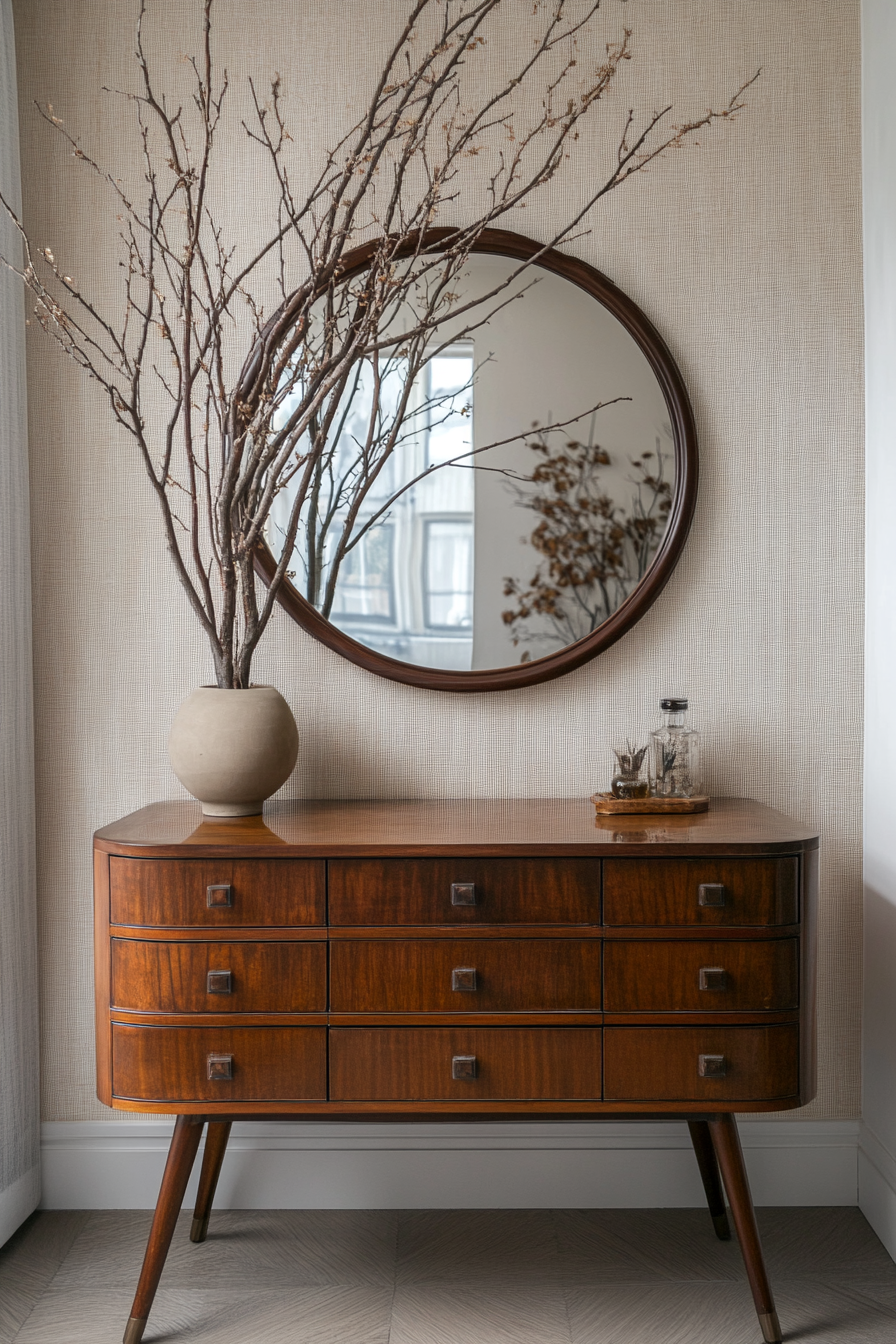 Fall bedroom. Art Deco vanity with rustic brown branches centerpiece.