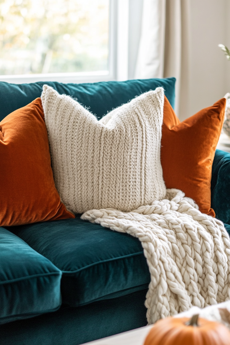 Fall living room. Velvet teal couch with white knit throw and pumpkin-spice colored pillows.