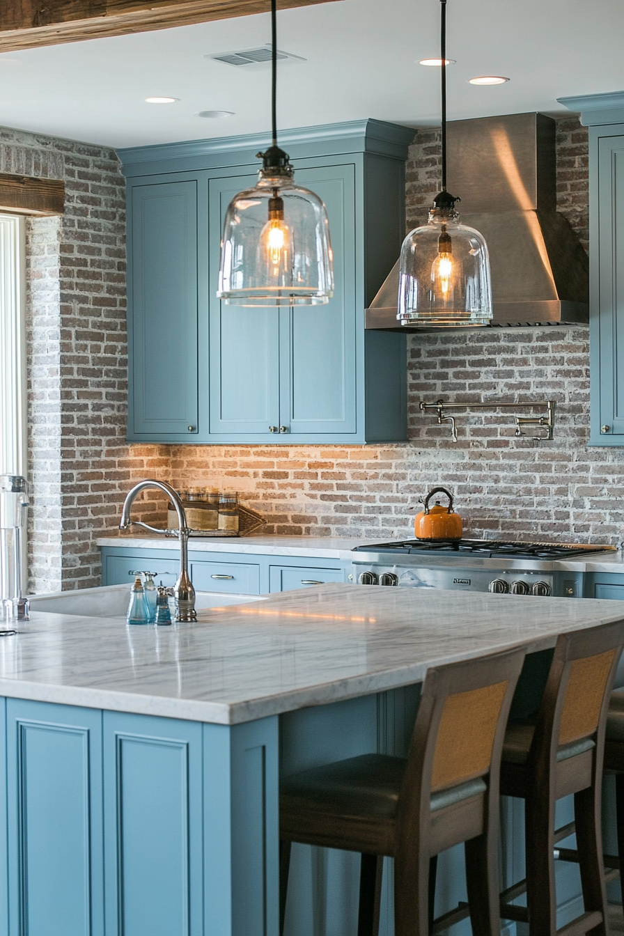 Coastal-themed kitchen. Light blue cabinetry with exposed brick and antique glass pendant lights.