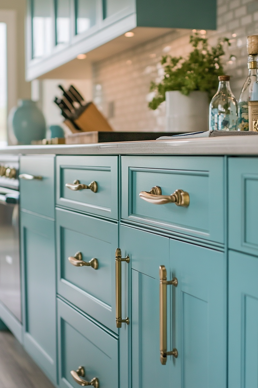 Coastal-themed vintage kitchen. Tiffany blue shaker cabinets with brass hardware.