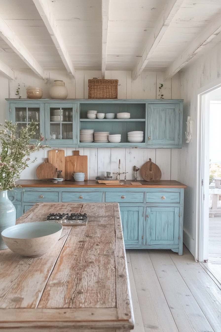 Coastal-themed kitchen. Whitewashed walls with vintage ocean blue cabinetry.