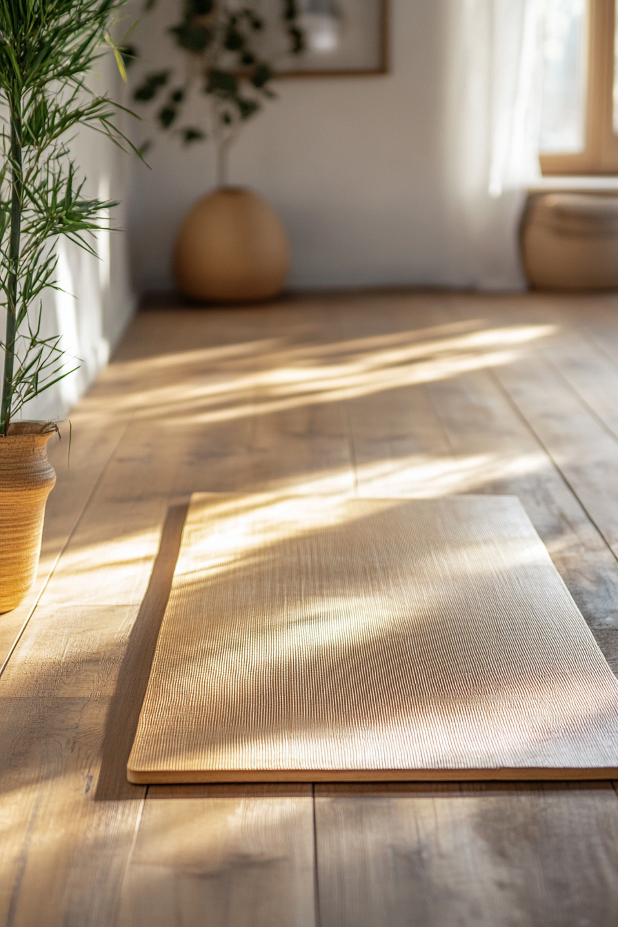 Home Yoga Studio. Bamboo yoga mat on a natural tone wooden floor.