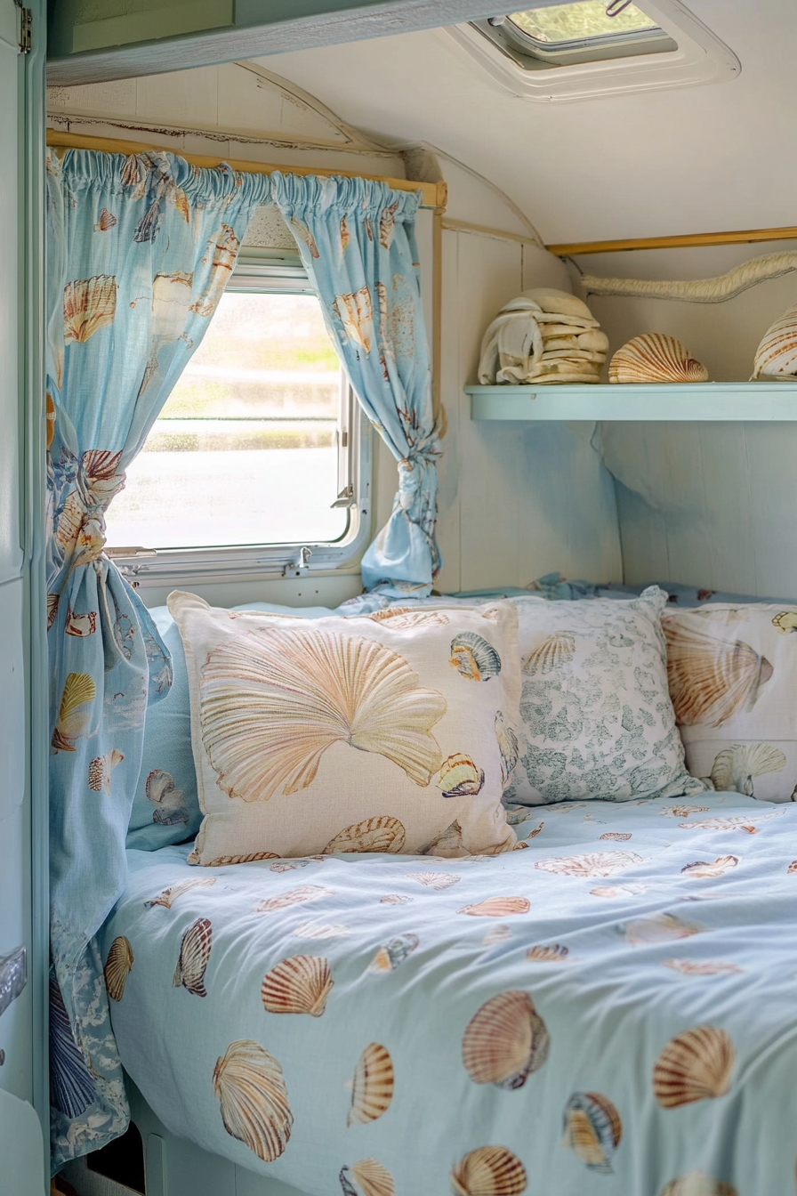 Ocean-themed sleeping area in camper. Pastel blue curtains with shell pattern.