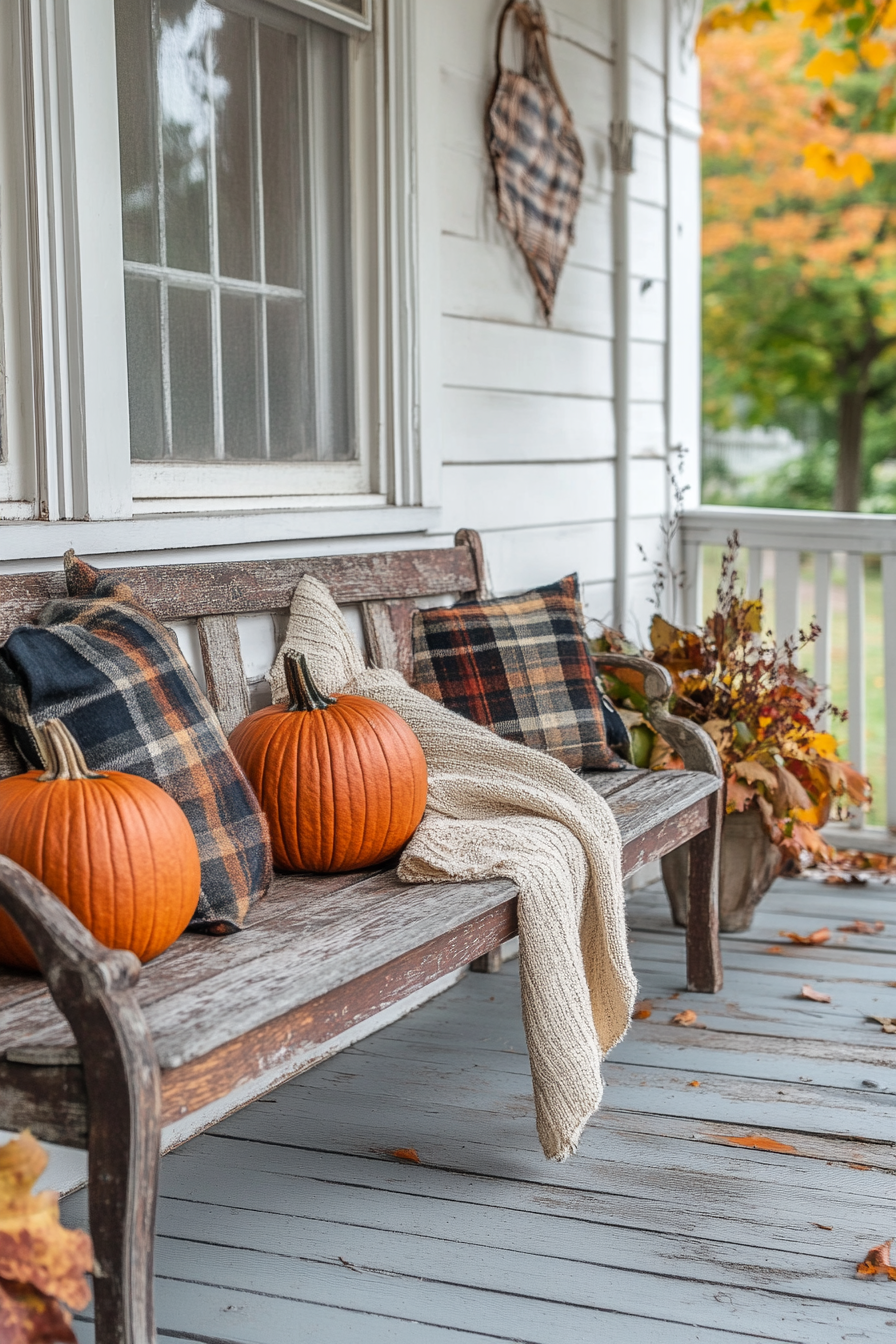 Fall porch. Vintage wooden bench adorned with plaid throws and orange pumpkin decorations.