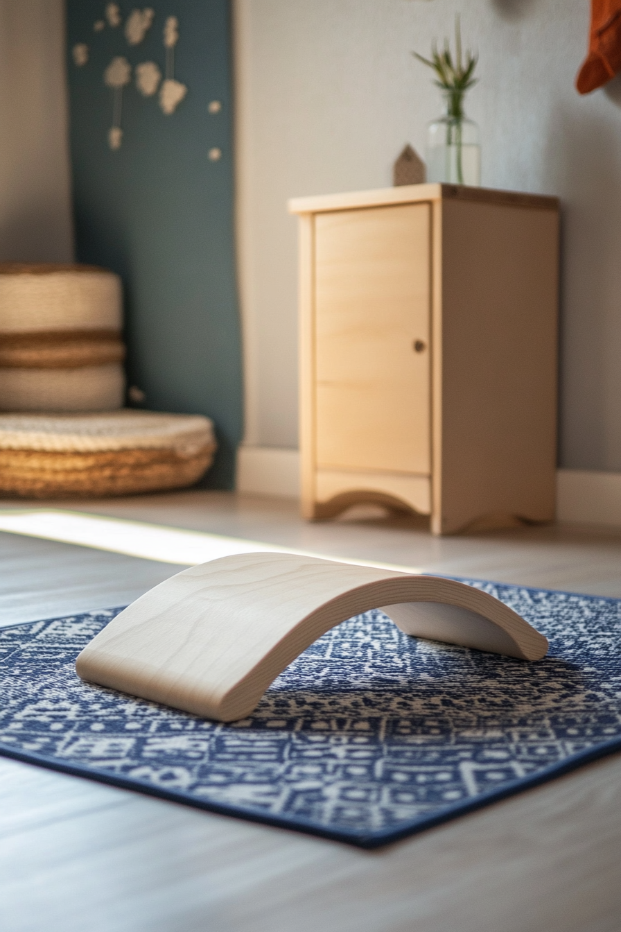 Kids' yoga area. Compact mat with Montessori wooden balance board.