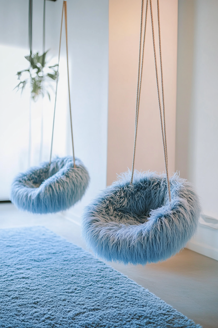 Compact kids' yoga area. Soft blue shaggy nest swing hanging from ceiling.