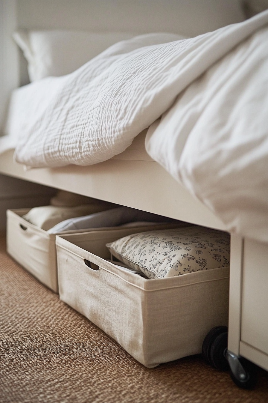 Small apartment storage. Under-bed storage boxes with wheels.