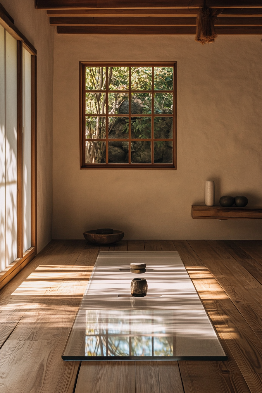 Japandi Home Yoga Studio. Bamboo floor, minimalist zen decor, clear glass yoga mat.