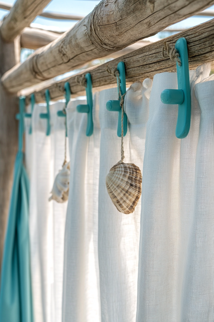 Outdoor shower setup. Whitewashed wood, turquoise towel rack, seashell curtain tiebacks.