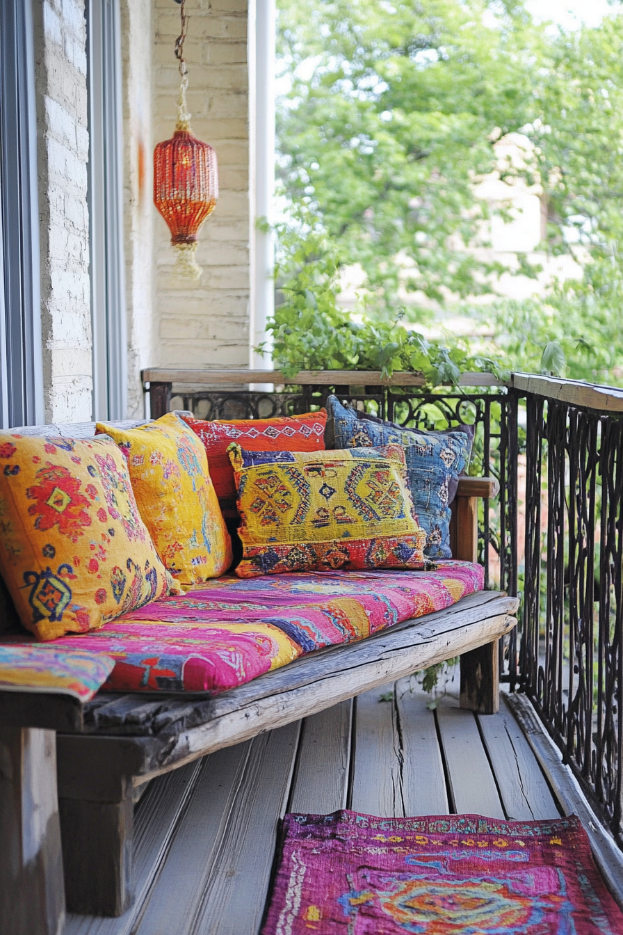 Urban Boho Balcony. Weathered wood furniture with bright patterned cushions.