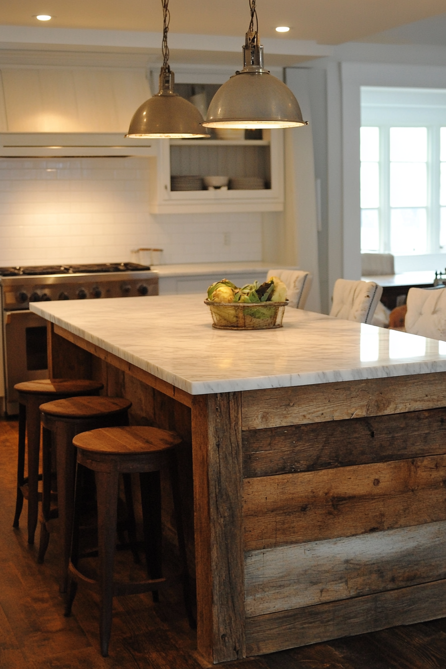 Farmhouse kitchen. Reclaimed wood island with marble countertop.