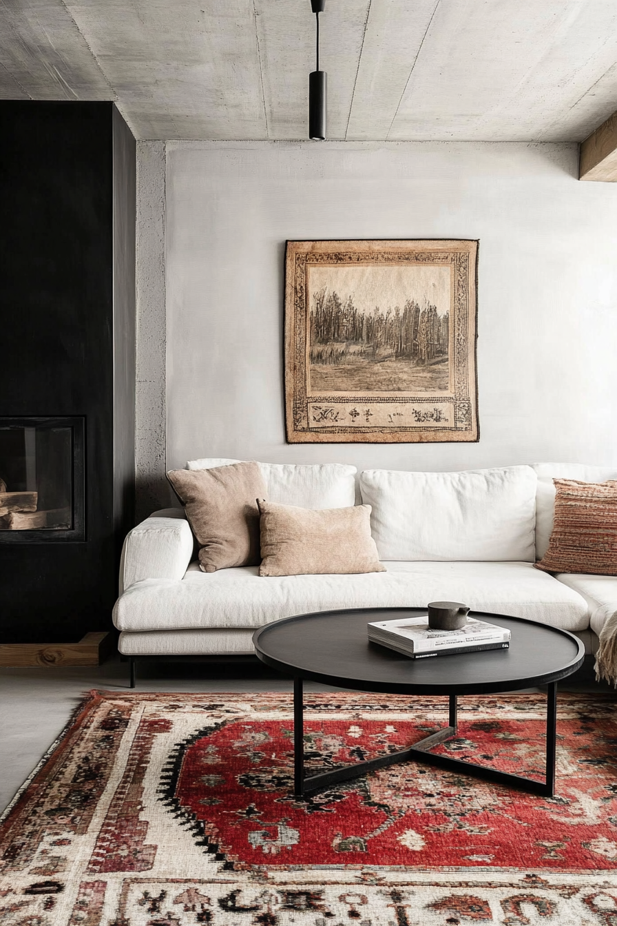 Living room. Antique Turkish rug under a minimalist black metal coffee table.