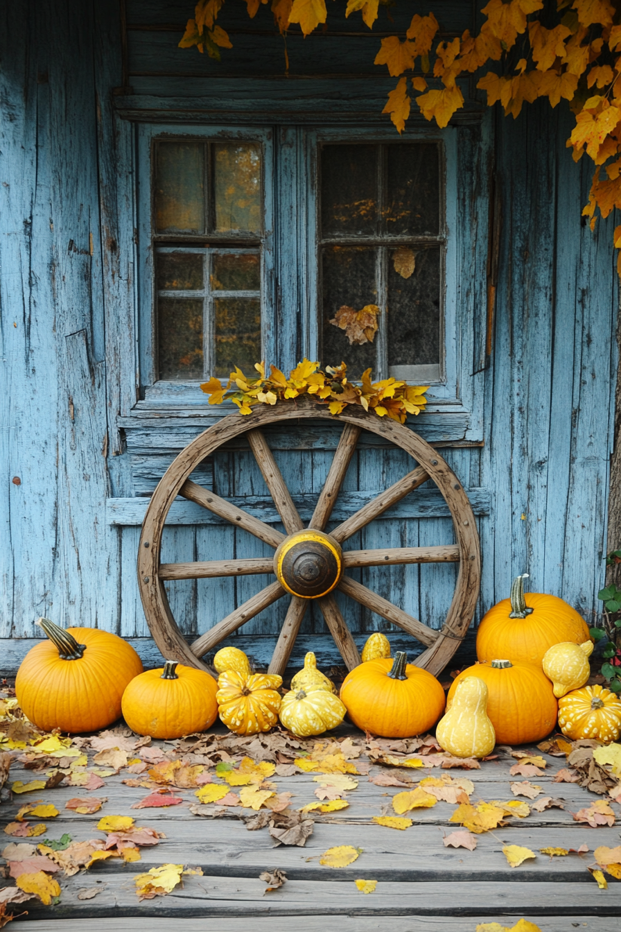 Fall porch. A rustic wagon wheel adorned with yellow gourds and autumn leaves.