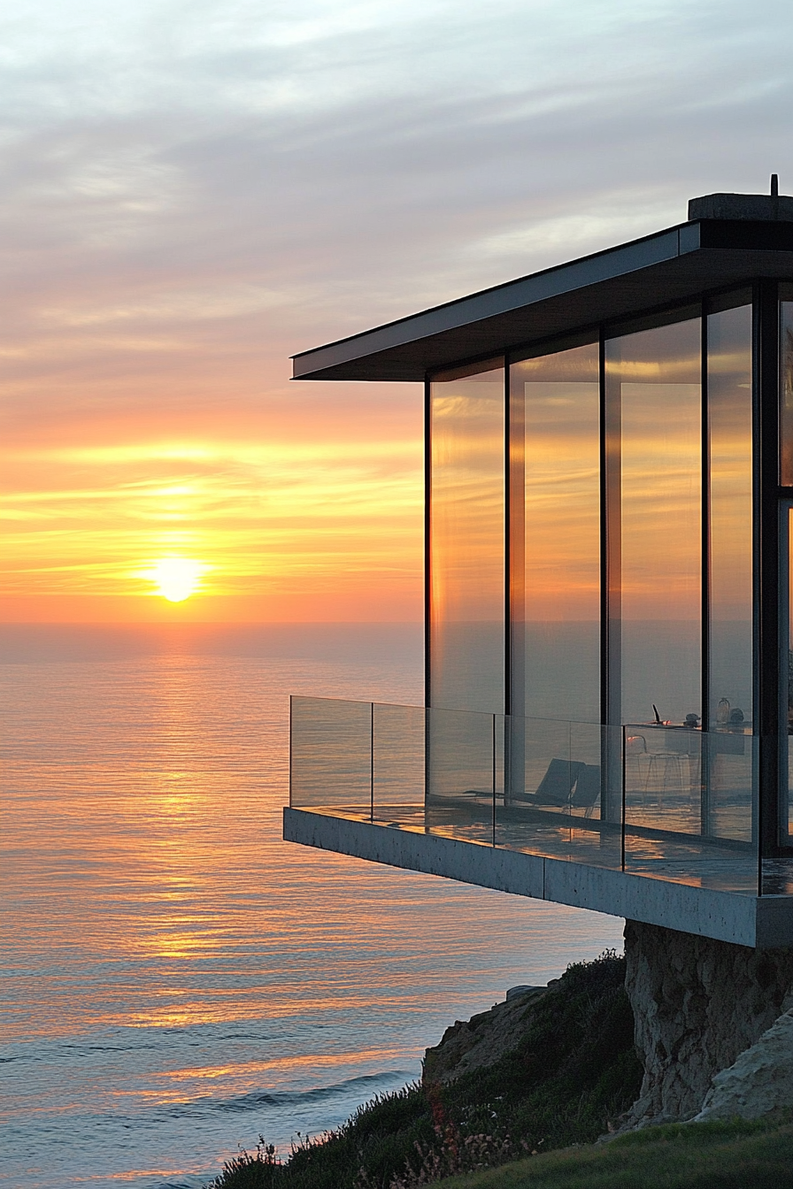 Compact beach house. Glass walls reflecting the sundown over the ocean.