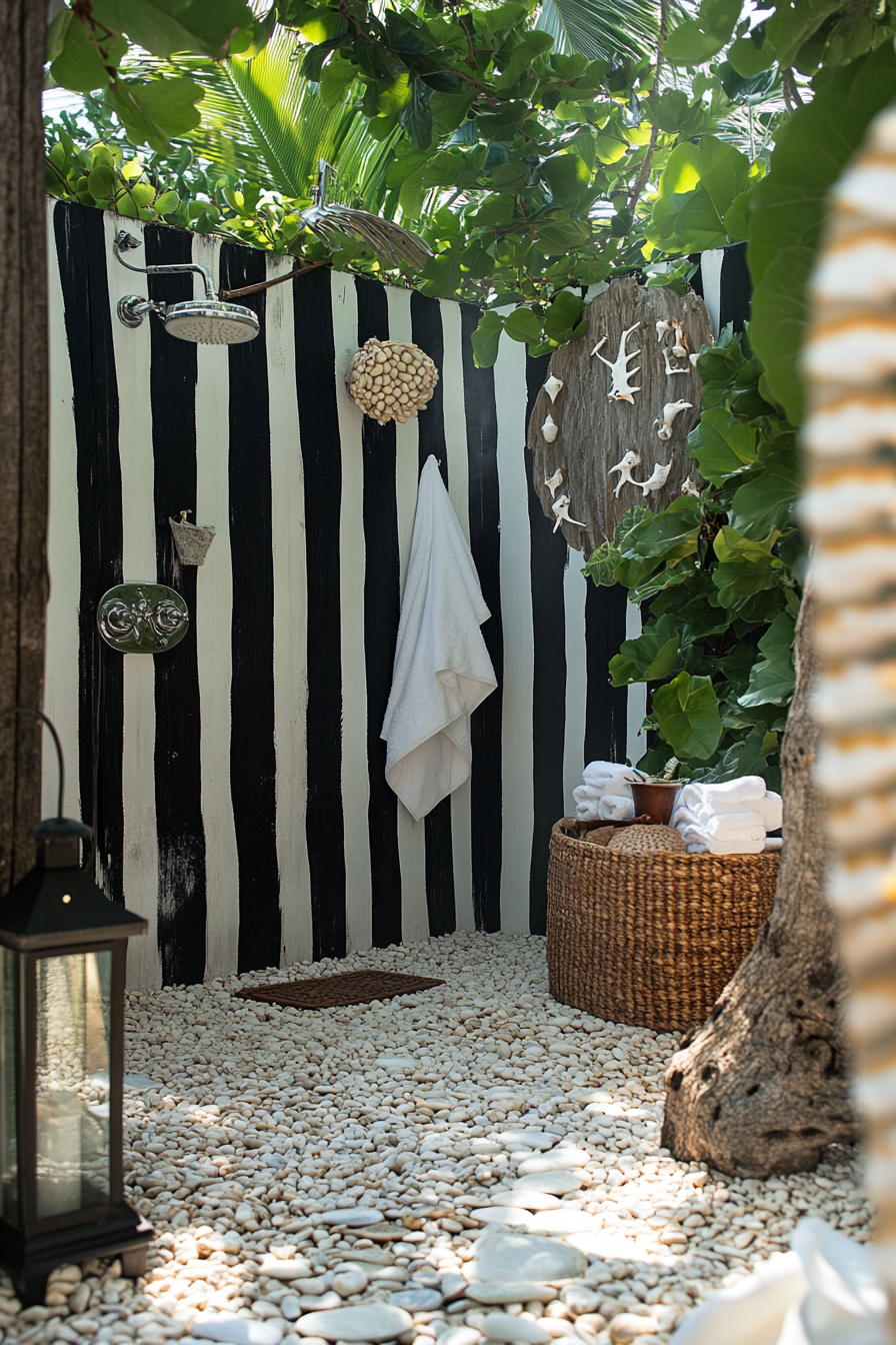 Outdoor shower setup. Nautical stripes, pebbled flooring, white seashells.