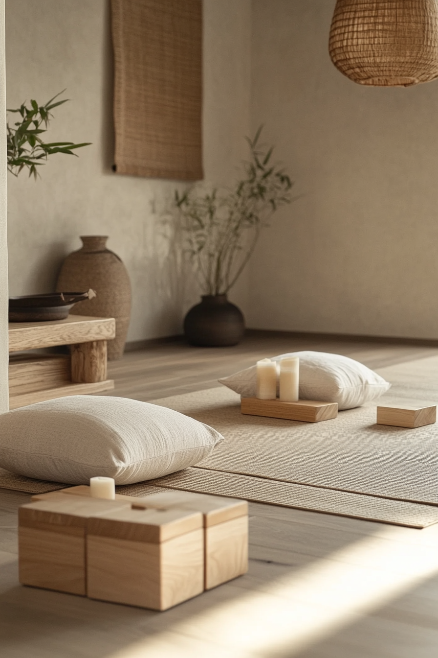 Japandi Home Yoga Studio. Japanese tatami matting, pale wooden exercise blocks.