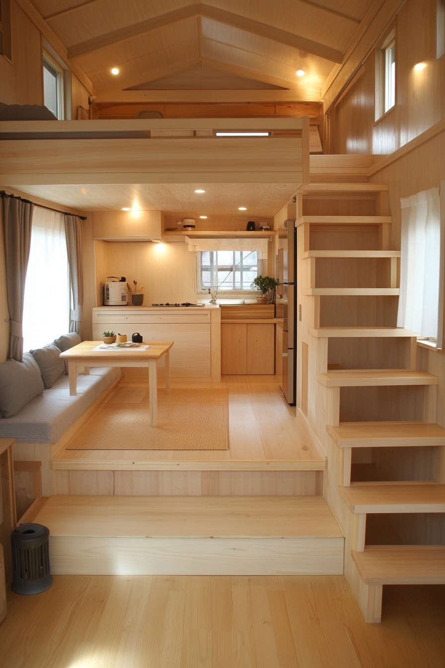 Tiny home interior. Light wood finish with tatami mat area.