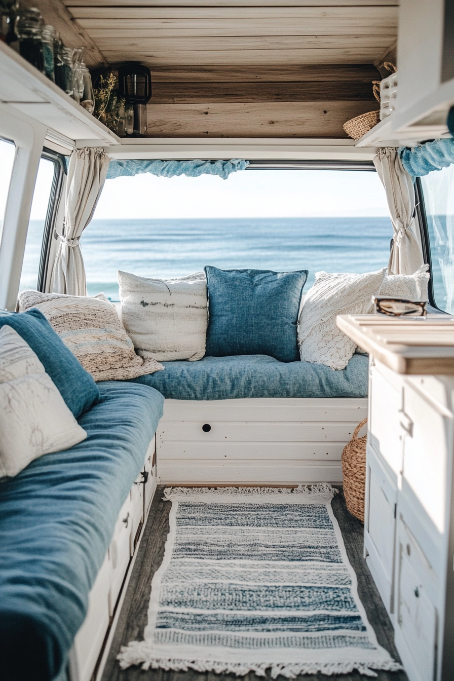 Coastal camper van interior. Sea-blue cushions and white wooden furniture.