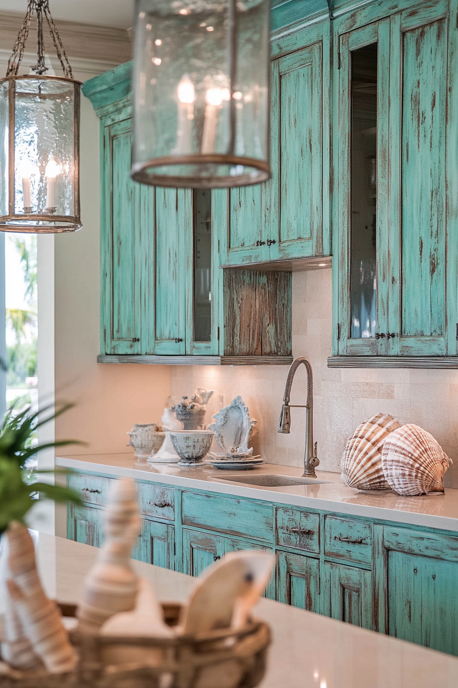 Coastal-themed kitchen. Turquoise cabinets with distressed wood and seashell decorations.