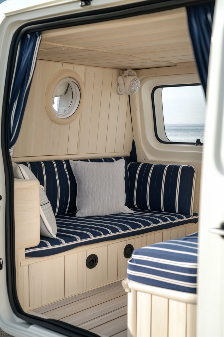 Coastal camper van interior. White wooden paneling with navy blue striped cushions.