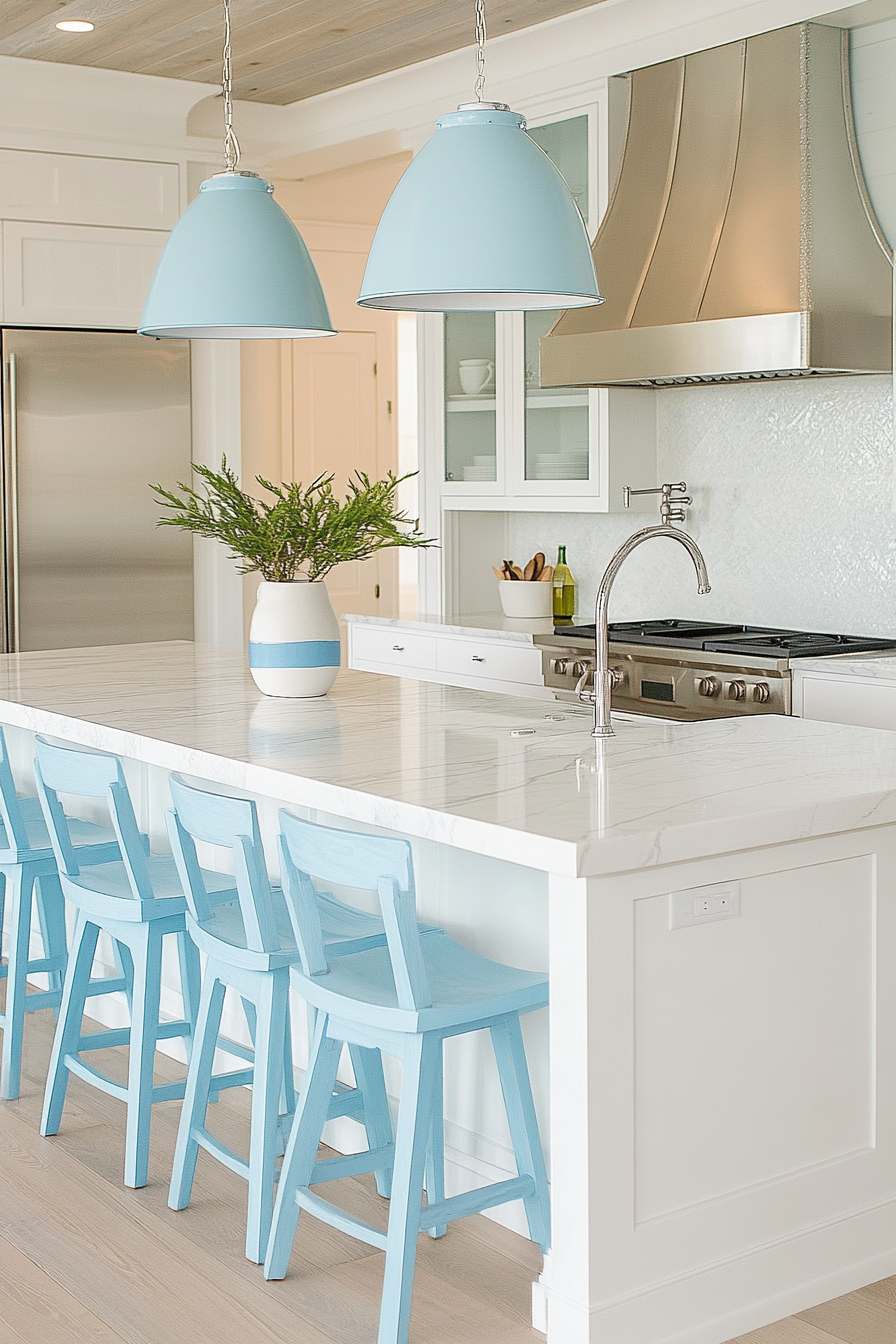 Modern coastal kitchen. White marble island with baby blue wooden bar stools.