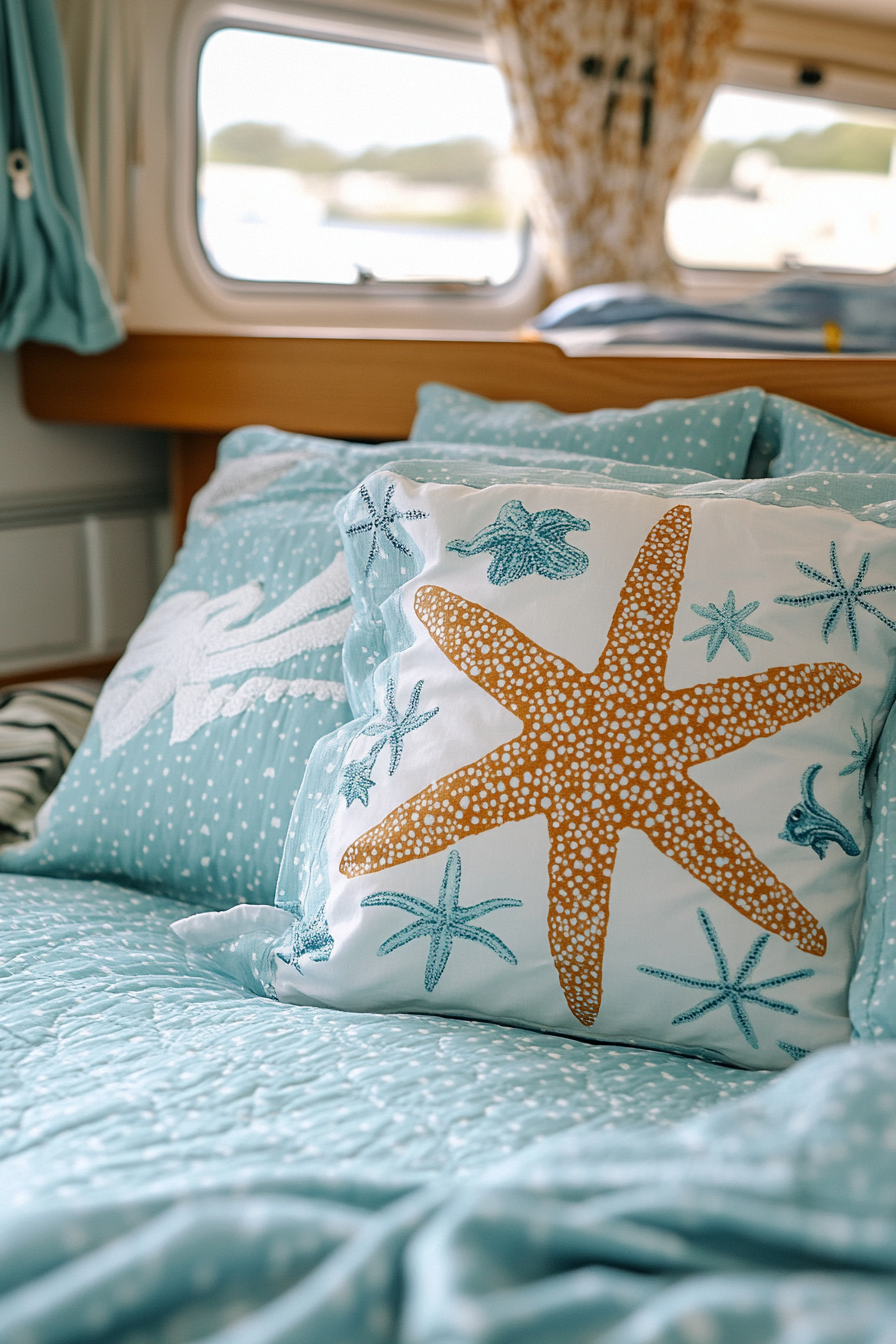 Ocean-themed camper sleeping area. Starfish-patterned throw pillow on crisp cyan-colored linens.