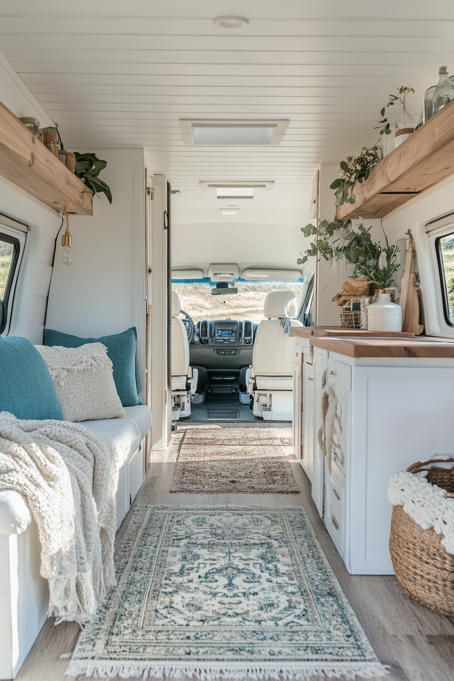 Coastal camper van interior. Whitewashed cabinetry with teal accents and neutral, riffle texture area rugs.