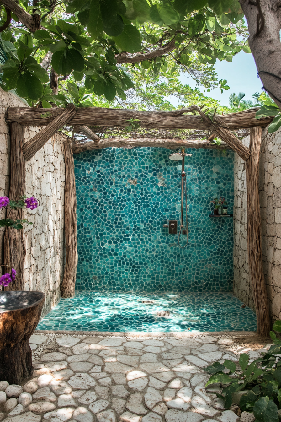 Outdoor shower setup. Driftwood frame with turquoise mosaic tile backdrop.