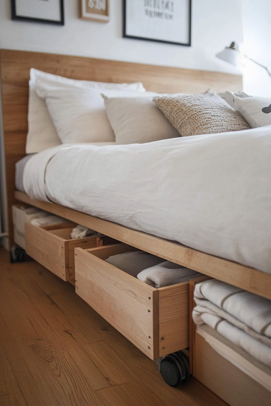 Small apartment storage idea. Under-bed compartments with wheeled drawers.