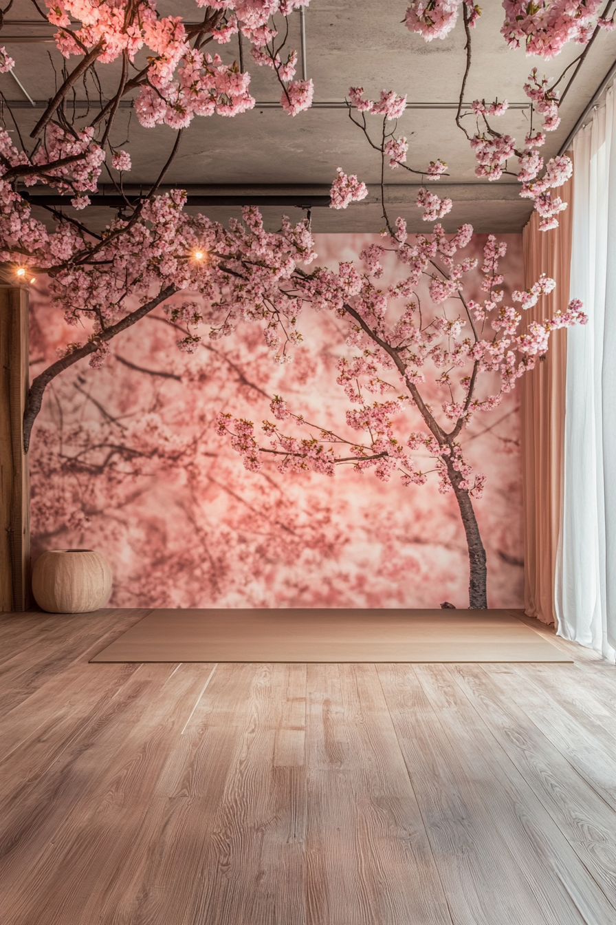 Japandi home yoga studio. Cherry blossom mural backdrop with teakwood flooring.