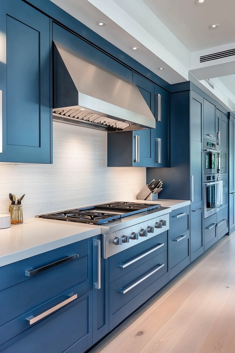 Modern kitchen. Coastal blue cabinets with white quartz countertop.