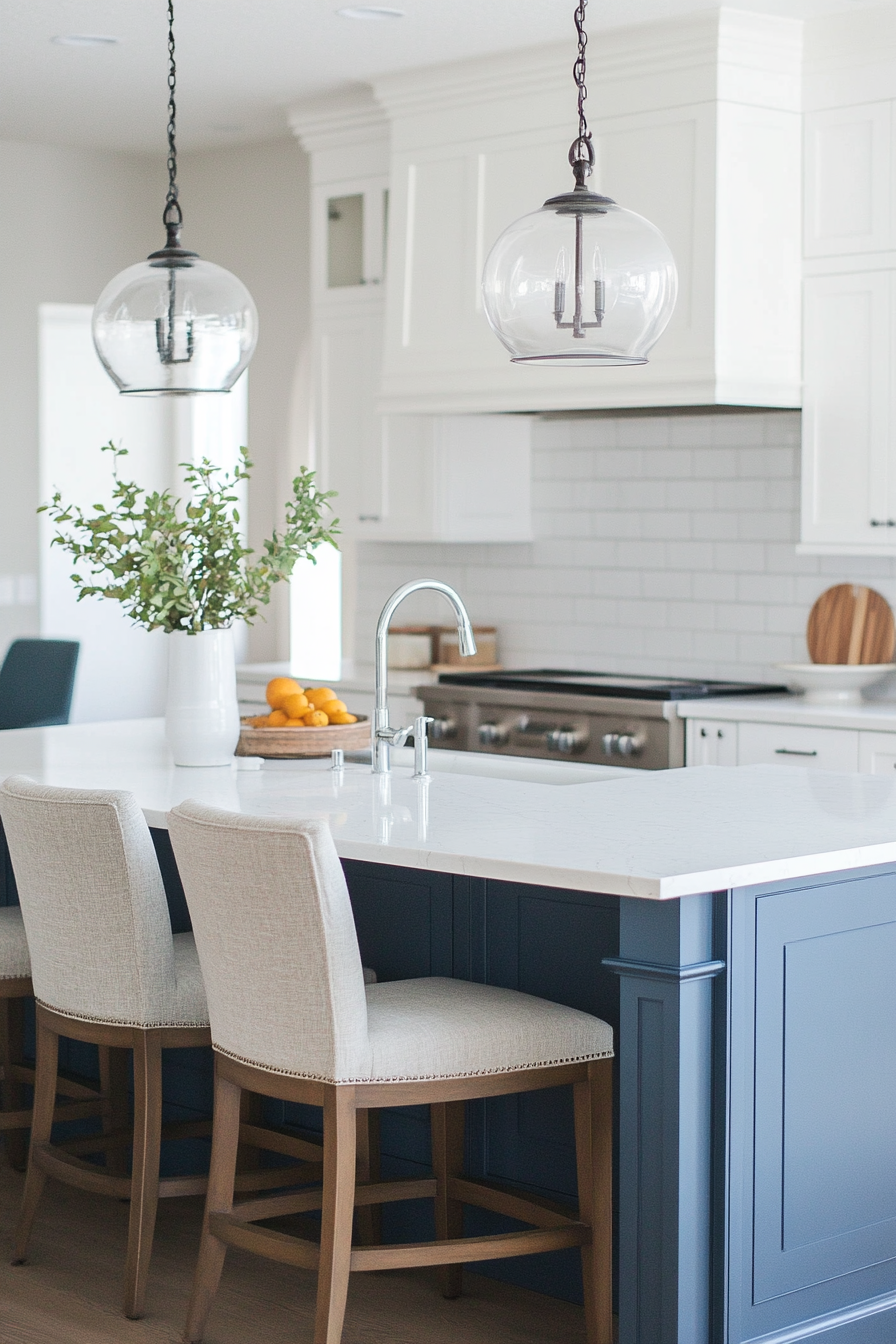 Coastal modern kitchen. Blue kitchen island, white marble countertop.