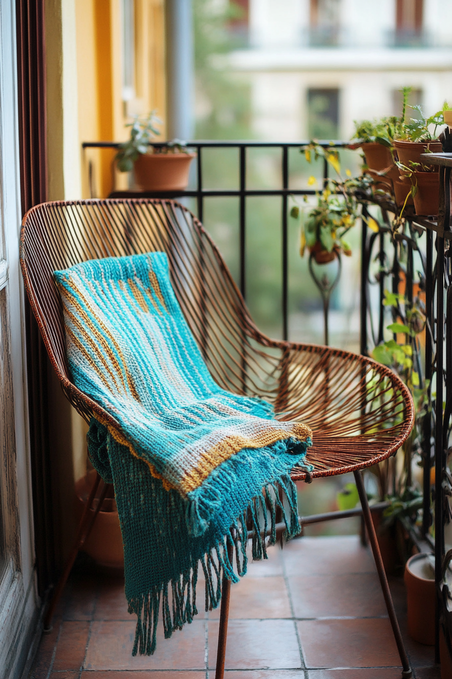 Urban Boho Balcony. Rusty metallic chair with turquoise woven throw blanket.