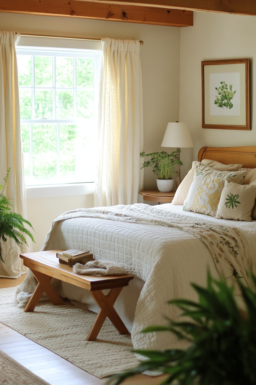 Fall Bedroom. Light oak wood furniture, crisp green foliage, neutral quilts.