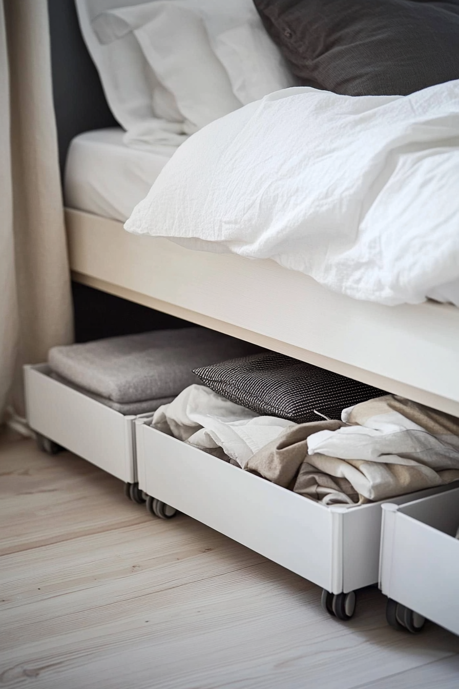 Small apartment storage idea. Under-bed rolling storage containers.