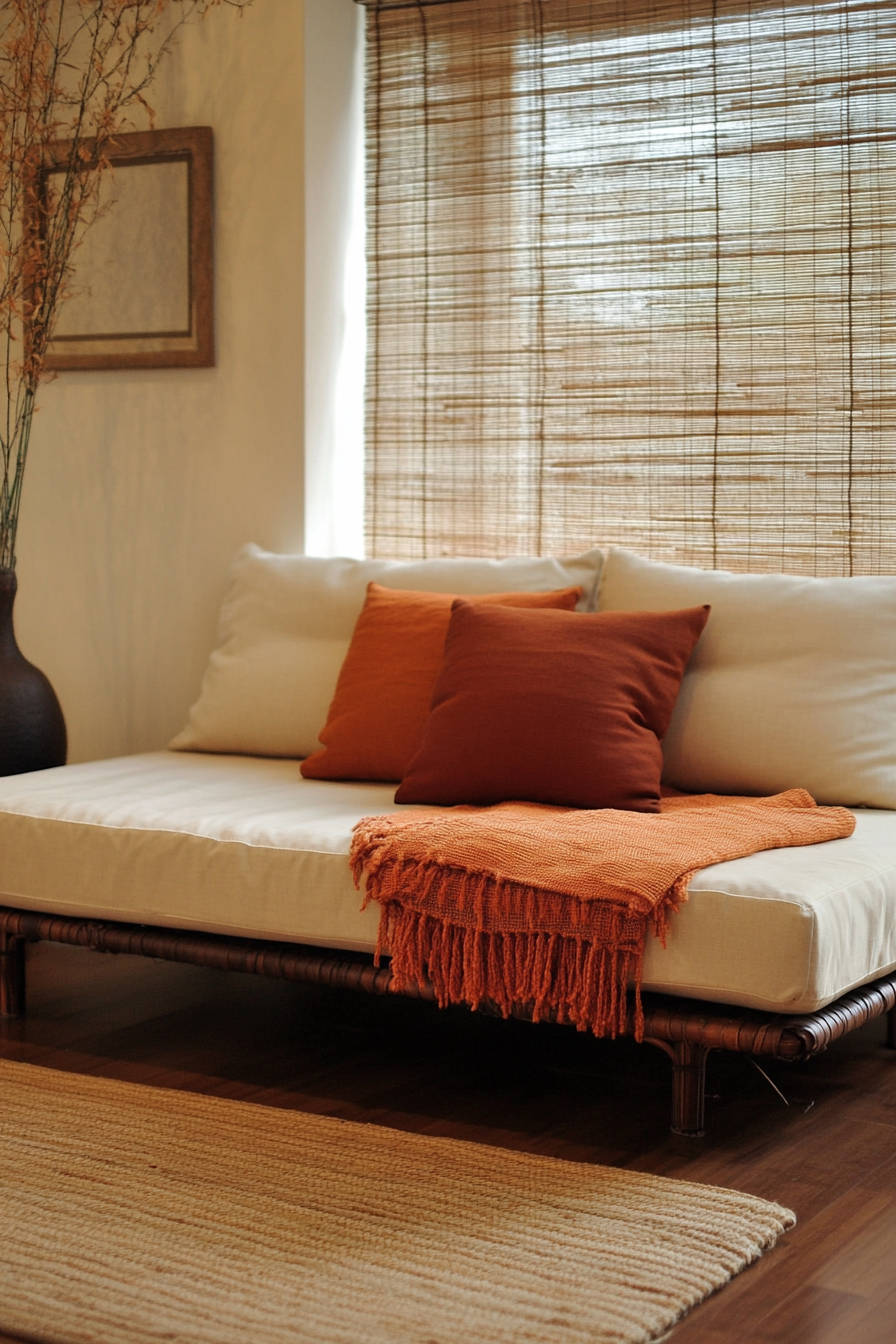 Fall living room. Cream-colored futon with brown bamboo flooring and rusty orange throw.