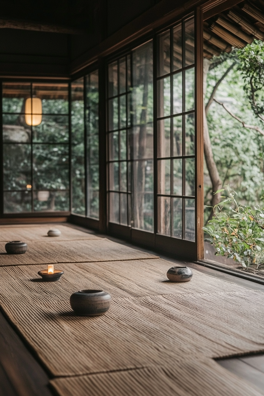 Japandi home yoga studio. Bamboo floor mats with Kintsugi pottery candle holders.