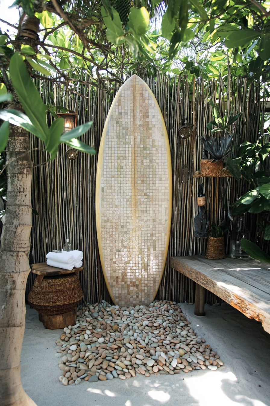 Outdoor shower setup. Surfboard backdrop with sand-colored pebbles.