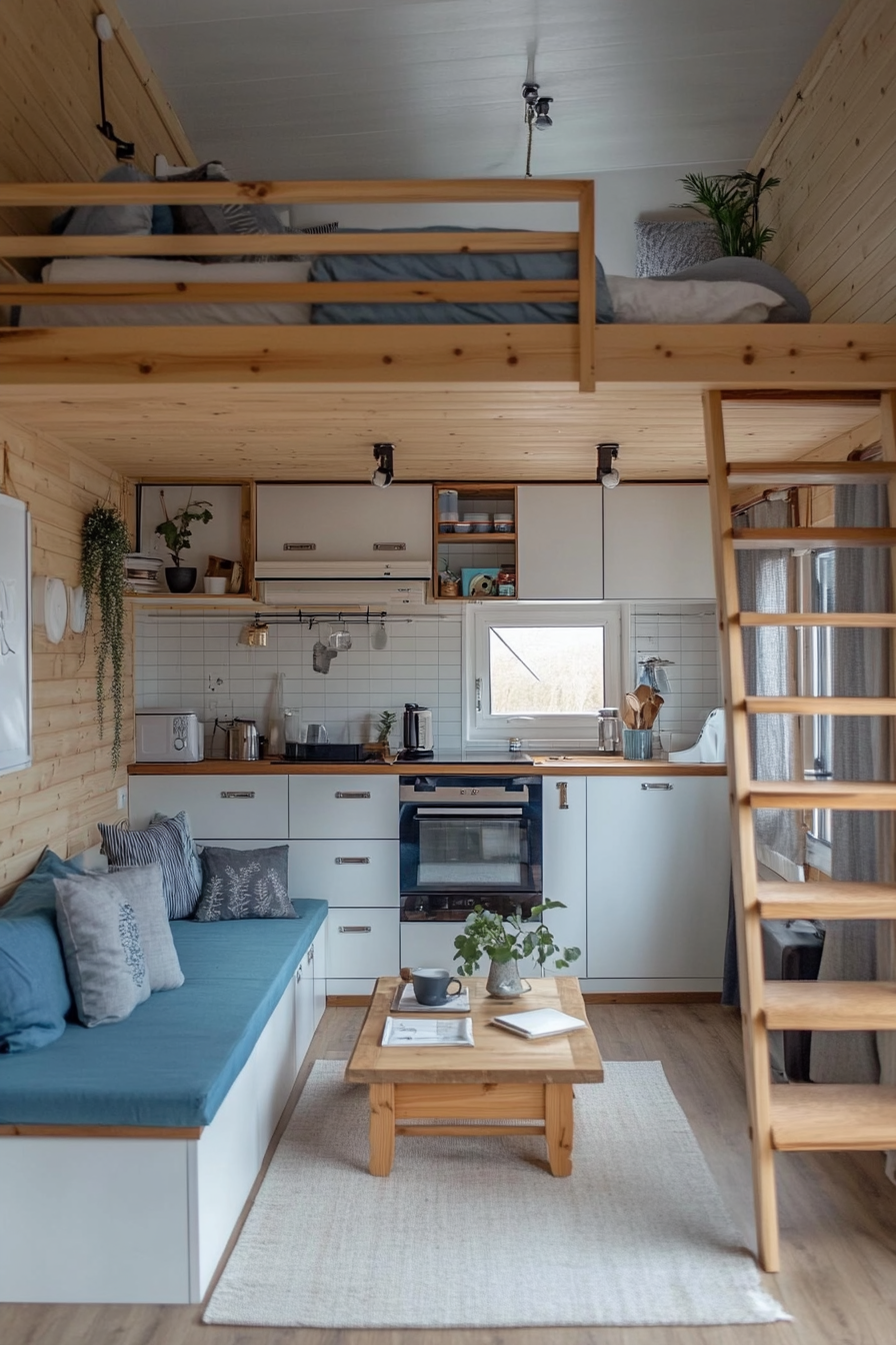 Tiny home interior. Japanese minimalist with Scandinavian-inspired blue accents.