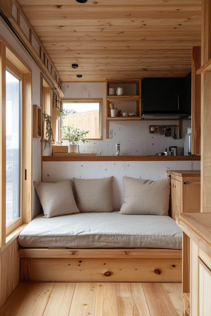 Tiny home interior. Natural wood futon against white washi wallpaper.