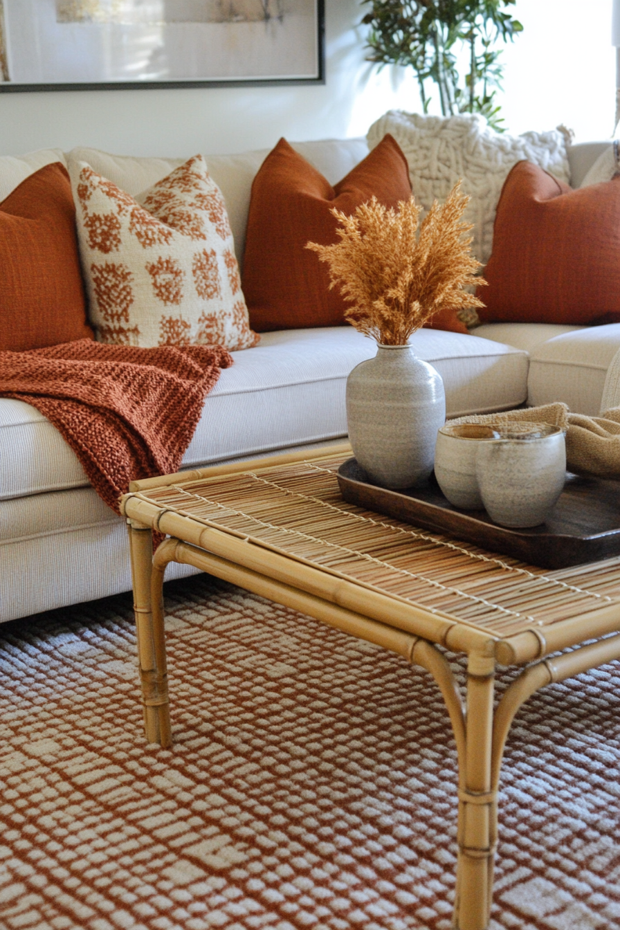 Fall living room. Bamboo coffee table with rust-grid knitted throw rug.