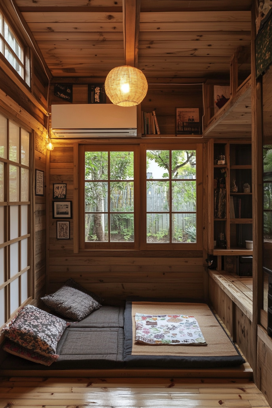 Tiny home interior. Compact tatami room paired with Danish hygge-inspired accent.