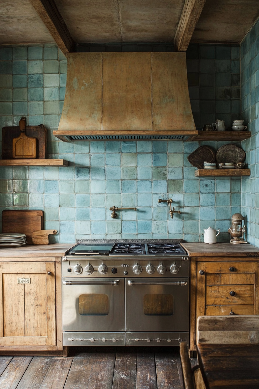 Coastal-themed vintage kitchen. Sky-blue tiles and rustic wooden cabinetry.